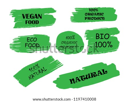 100% Organic, bio, eco, natural product, vegan food, natural farming, vegetarian labels. Vector collection of paint brush strokes isolated on white background. Hand drawn abstract design elements set.