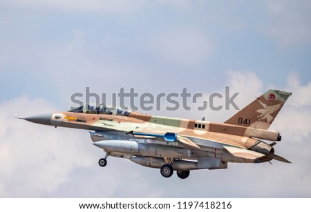 An F-16D "Barak" is about to land at Ramat David airbase Royalty-Free Stock Photo #1197418216