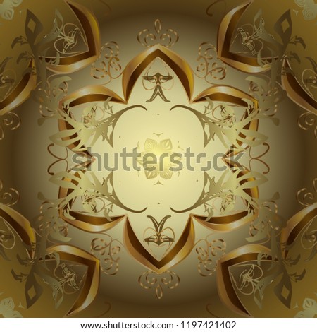 Luxury, royal and Victorian concept. Vintage baroque floral ornamental pattern in gold over brown, yellow and neutral. Ornate vector decoration. Golden element on brown, yellow and neutral colors.