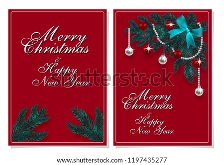 Merry Christmas and Happy New Year. Greeting card with Chrirstmas decorations on fir tree. Vector illustration