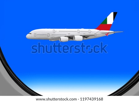 Large passenger jet flying above clouds
viewed thru other plane's window