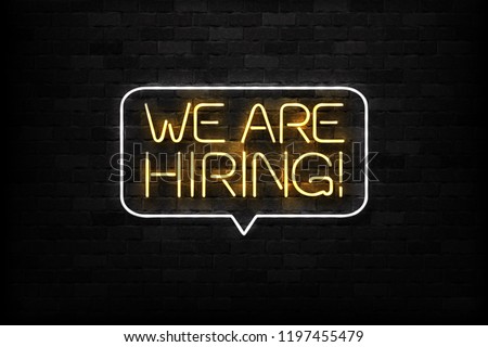 Vector realistic isolated neon sign of We Are Hiring logo for decoration and covering on the wall background. Concept of Join us idea and cv. Royalty-Free Stock Photo #1197455479