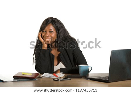 young happy and attractive black afro American business woman working at office computer desk smiling successful posing corporate as efficient and experienced CEO of financial company