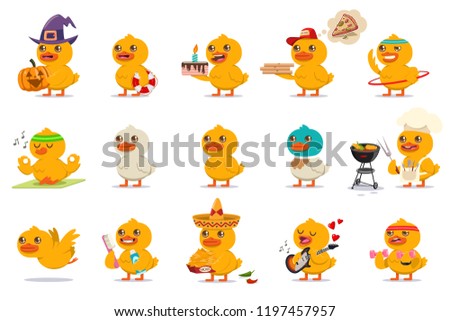 Cute baby duck set. Vector cartoon character of funny bird with different kawaii emotions and costumes isolated on a white background.
