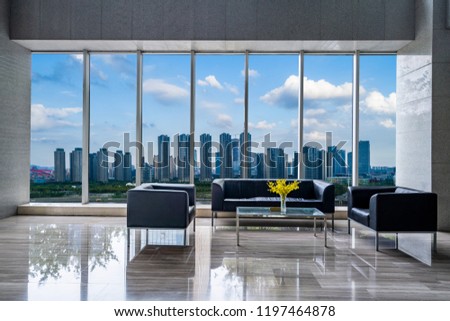 futuristic modern office building interior in urban city