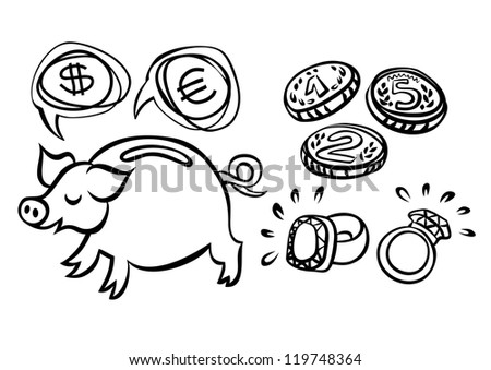 coins precious stones money saving pig monochrome financial illustration on white background raster version