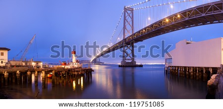 The Panorama photograph of the Bay Bridge at night in San Francisco