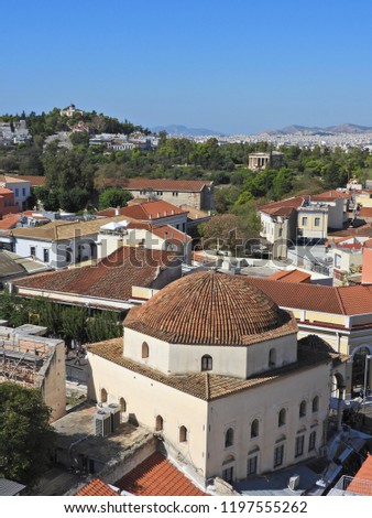 Aerial photo of iconic Monastiraki area, Plaka and famous Anafiotika district, Athens historic center, Attica, Greece