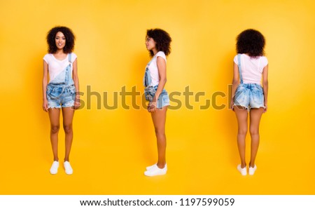 Profile rear front view portrait of trendy stylish girl in denim outfit sportive shoes isolated on bright vivid yellow background