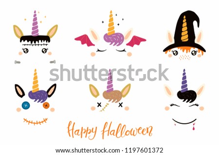 Halloween set with cute unicorn faces, witch, vampire, zombie, Frankenstein, devil. Isolated objects. Hand drawn vector illustration. Flat style design. Concept for children print, party invitation