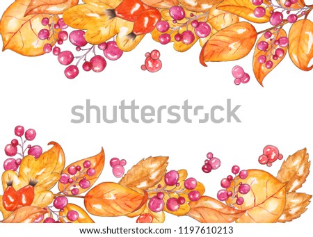 Autumn watercolor illustration with colored leaves and berries on a white background. Ideal for design banners, leaflets, posters with space for your text.
