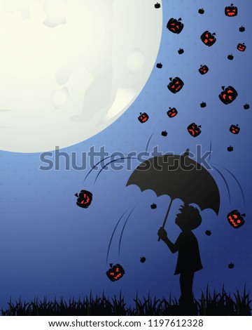 The Boy Holds Umbrella In Pouring Rain On Halloween Night - Vector