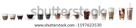 Set with different types of coffee drinks on white background Royalty-Free Stock Photo #1197623530