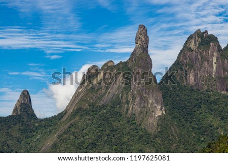 God's finger landscape, Rio de Janeiro state mountains. Located near the town of Teresopolis, Brazil, South America. Space to write texts, Writing background.