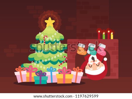 christmas tree celebration and fireplace illustration background vector