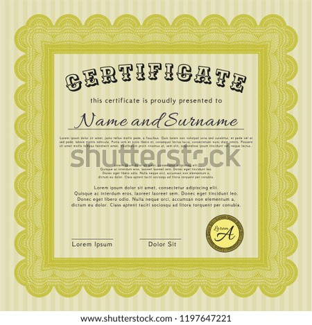 Yellow Certificate of achievement. Detailed. Easy to print. Money design. 