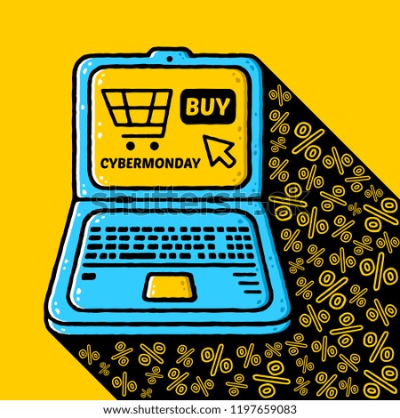 Cyber Monday design. Cartoon laptop computer. Holiday online shopping concept on yellow background isolated. Stock Vector Illustration. Cartoon style.