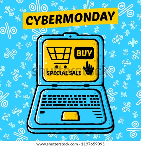 Cyber Monday design. Cartoon laptop computer. Holiday online shopping concept on blue background isolated. Stock Vector Illustration. Cartoon style.