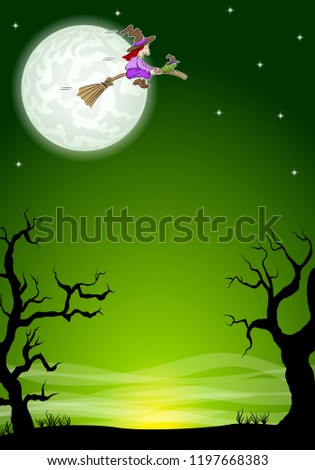 vector illustration of an halloween background with a flying witch and full moon 