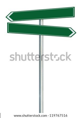 Right and left road route direction pointer this way sign, blank green isolated roadside signage, white traffic arrow empty frame roadsign, grey pole post