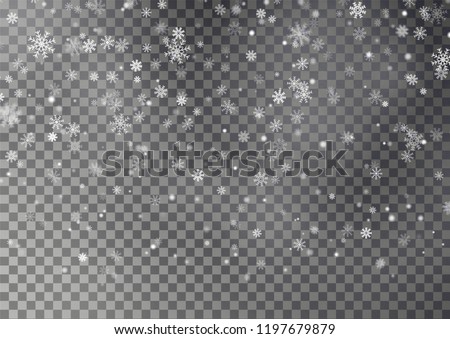 Christmas falling snow vector isolated on dark background. Snowflake transparent decoration effect. Xmas snow flake pattern. Magic white snowfall texture. Winter snowstorm backdrop illustration. Royalty-Free Stock Photo #1197679879