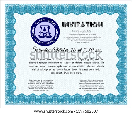  Light blue Retro invitation template. Elegant design. Customizable, Easy to edit and change colors. With complex background. 
