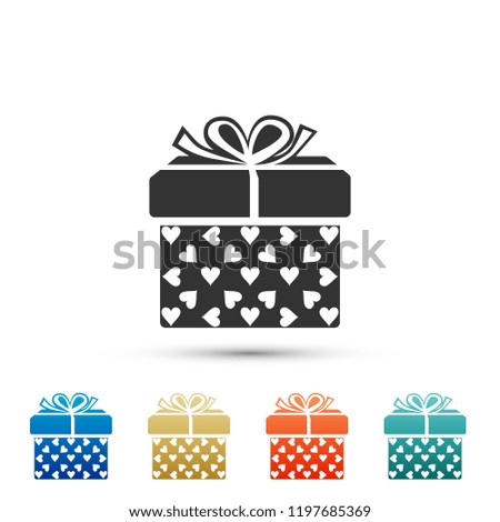Gift box and heart icon isolated on white background. Packaging Valentine's Day. Beautiful festive box tied with ribbon and bow on top. Set elements in colored icons. Flat design. Vector Illustration
