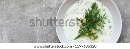 Panoramic photo of concrete copy space with cucumber soup with fresh dill on a white plate