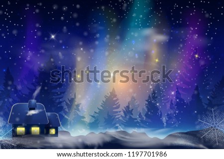Winter blue sky with falling snow, snowflakes with winter landscape. Holiday Winter background for Merry Christmas and Happy New Year. Vector illustration.

