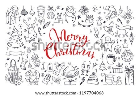 Big set of Christmas design doodle elements. Vector hand drawn . Isolated objects Royalty-Free Stock Photo #1197704068