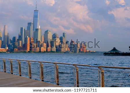 Manhattan Skyline ,waterfront and skyline viewed from the Hudson River  Hoboken, NJ