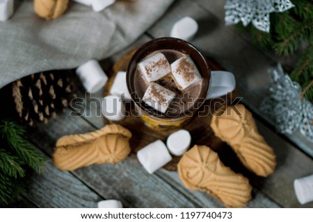 
Christmas cocoa drink with cinnamon and
Christmas cookies on wooden fox marshmallows, bumps in rustic style