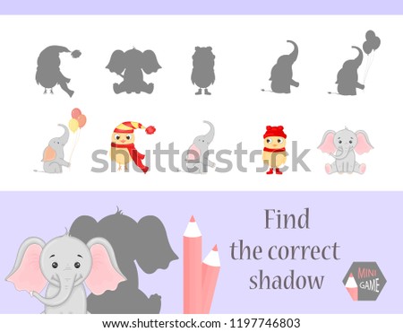 Find the correct shadow, education game for children. Cute Cartoon animals and Nature. vector illustration
