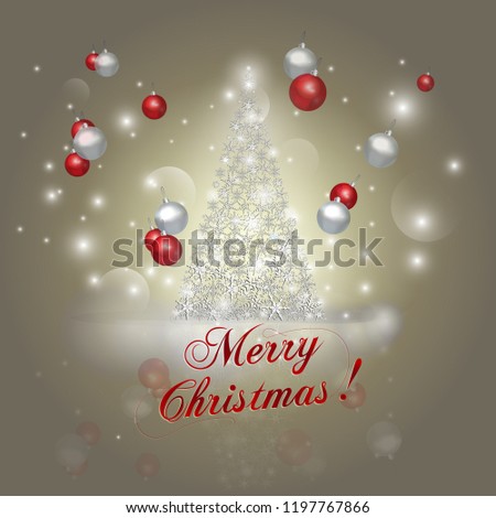 Merry Christmas. Holiday Vector Illustration. Shiny Lettering Composition With Christmas Tree And Flying Christmas Balls