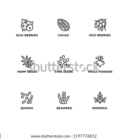 Vector set of design elements, logo design template, icons and badges for healthy food, superfood. Line icon set, editable stroke.  Royalty-Free Stock Photo #1197776812