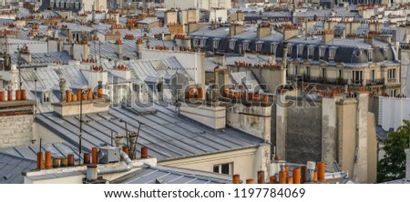 The roofs of Paris and its chimneys under a clouds sky, France, Europe