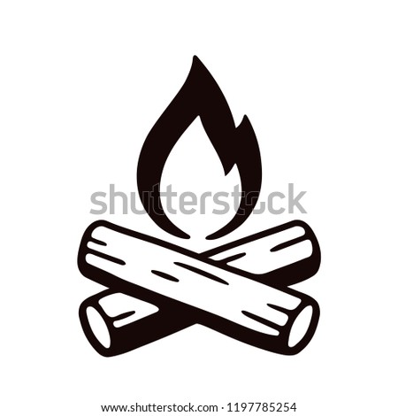 Campfire hand drawn vector illustration, retro style logo. Crossed logs and cartoon fire flame.