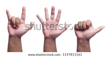 Hands on white background with many gesture. I love you, Bare hand, Very good