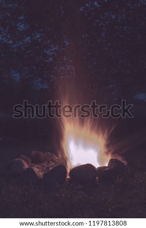 woods are burning in fireplace, warm, heat, fire in darkness. long exposure image with motion blur. camping in nature in summer - vintage retro look