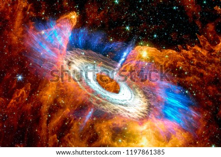 Landscape background of fantasy alien galaxy with spinning glowing black hole. The elements of this image furnished by NASA.