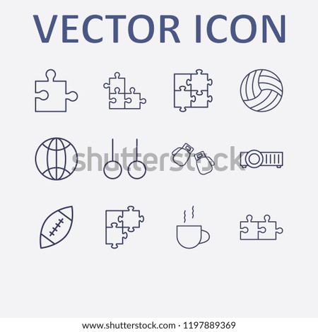 Outline 12 match icon set. cup, rugby, jigsaw, sport ring, volleyball ball and boxing gloves vector illustration