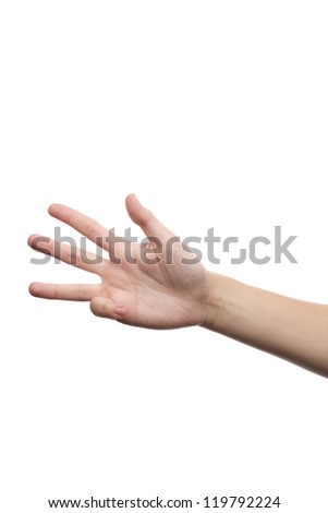 Hand of young woman isolated on white background showing four