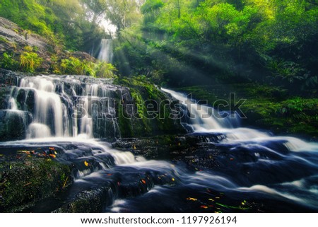 Sunny waterfall in green nature.