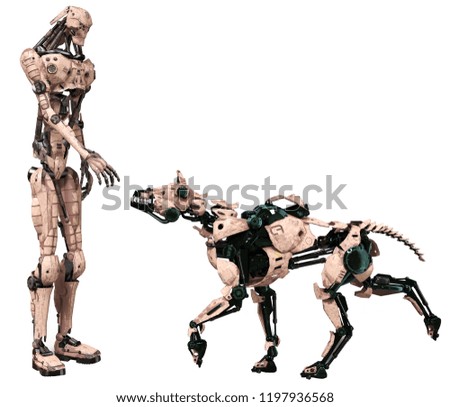 3d rendering futuristic robot is ready to stroke his dog isolated