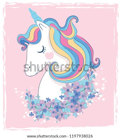 White Unicorn vector illustration for children design. Rainbow hair. Isolated. Cute fantasy animal.