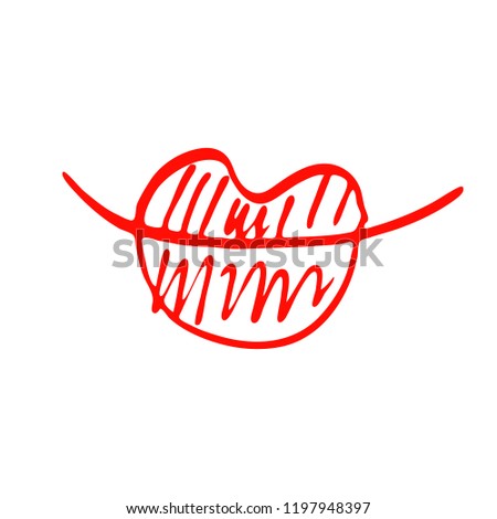 Hand drawn red lips. Sketched fashion symbol. Abstract kiss silhouette, vector, clipart, brush line, logo. Decor element for clothes and label.