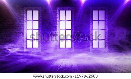 Brick wall in an empty room, large wooden windows, neon lights and rays and smoke. Magical atmosphere.