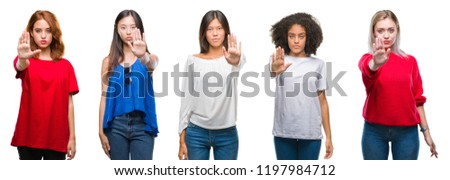 Collage of group of beautiful Chinese, asian, african american, caucasian women over isolated background doing stop sing with palm of the hand. Warning expression with negative and serious gesture