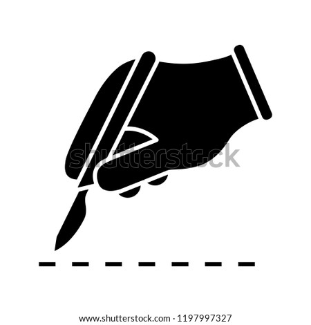Scalpel skin incision glyph icon. Plastic surgery. Surgical incision. Surgeon’s hand. Silhouette symbol. Negative space. Vector isolated illustration