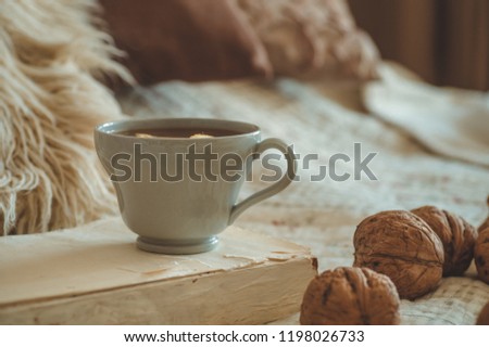 Still life details in home interior of living room. Sweaters and cup of tea with a cone,  nuts and autumn decor on the books. Read, Rest. Cozy autumn or winter concept.